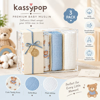 KASSY POP Kids Muslin Cotton Bath Towel, Blanket, Swaddle,105 X 105 cm - Pack of 3 (Blue, White and Printed)