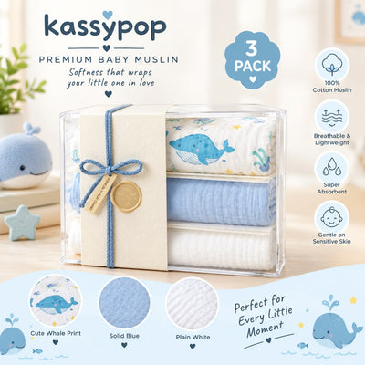 KASSY POP Kids Muslin Cotton Bath Towel, Blanket, Swaddle,105 X 105 cm - Pack of 3 (Blue, White and Whale)