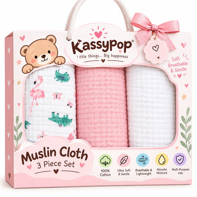 KASSY POP Kids Muslin Cotton Bath Towel, Blanket, Swaddle,105 X 105 cm - Pack of 3 (Pink, White and Forest)