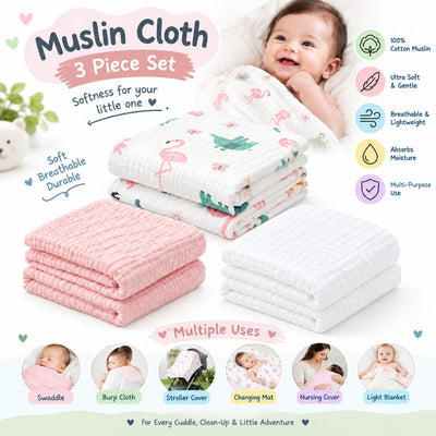 KASSY POP Kids Muslin Cotton Bath Towel, Blanket, Swaddle,105 X 105 cm - Pack of 3 (Pink, White and Forest)
