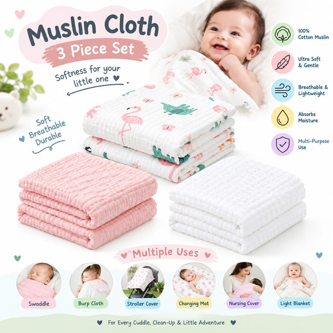 KASSY POP Kids Muslin Cotton Bath Towel, Blanket, Swaddle,105 X 105 cm - Pack of 3 (Pink, White and Forest)