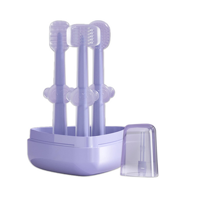 Kassy Pop Silicone Toothbrush Set For (0-18 months) Baby With Brushes Holder Case, Set Of 3 - Purple