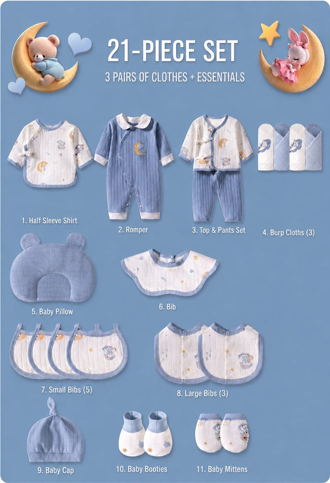 KASSY POP Newborn Baby Cotton 21pcs Clothing Set with Gift Box Pack - Blue