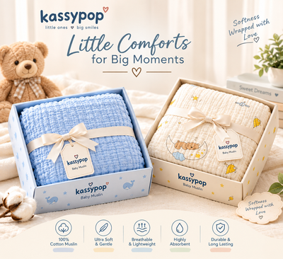 KASSY POP Kids Muslin Cotton Bath Towel, Blanket, Swaddle,105 X 105 cm - Pack of 2 (Blue and Moon))