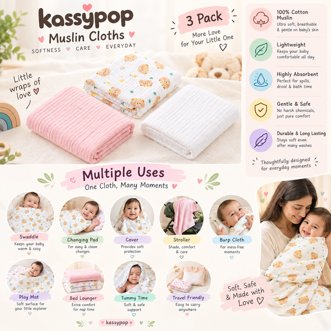 KASSY POP Kids Muslin Cotton Bath Towel, Blanket, Swaddle,105 X 105 cm - Pack of 3 (Pink, White and Bear)