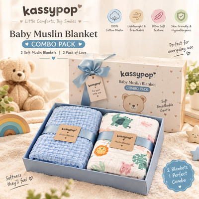 KASSY POP Kids Muslin Cotton Bath Towel, Blanket, Swaddle,105 X 105 cm - Pack of 2 (Blue and Forest)