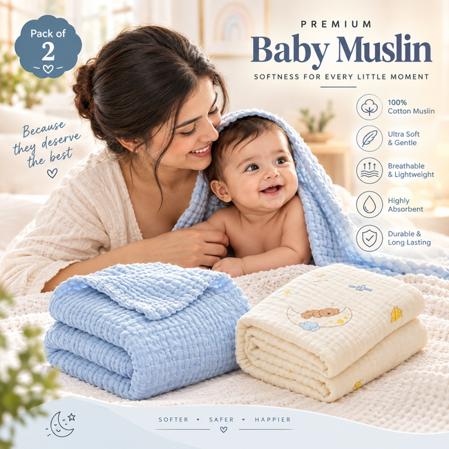 KASSY POP Kids Muslin Cotton Bath Towel, Blanket, Swaddle,105 X 105 cm - Pack of 2 (Blue and Moon))