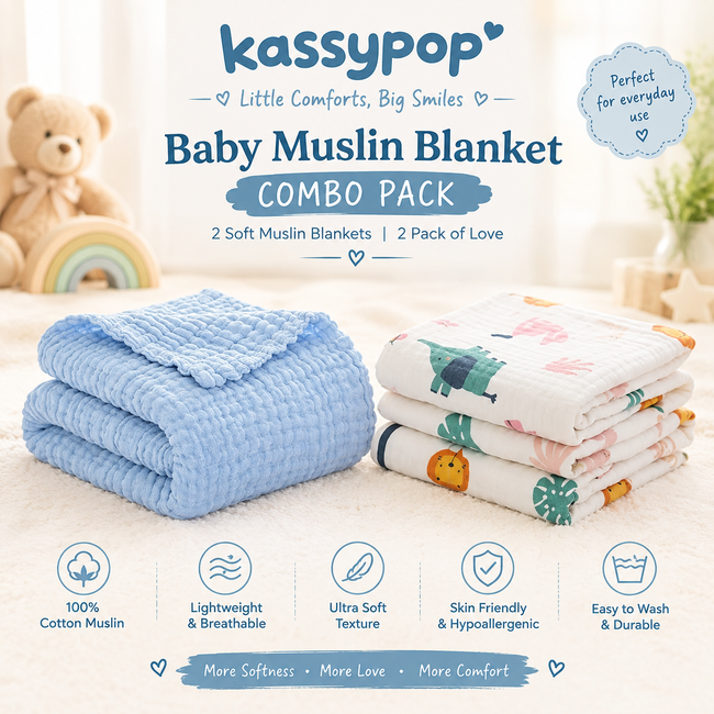 KASSY POP Kids Muslin Cotton Bath Towel, Blanket, Swaddle,105 X 105 cm - Pack of 2 (Blue and Forest)