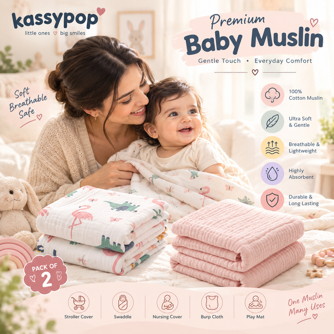 KASSY POP Kids Muslin Cotton Bath Towel, Blanket, Swaddle,105 X 105 cm - Pack of 2 (Pink and forest))