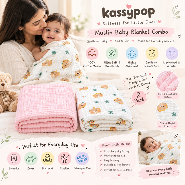 KASSY POP Kids Muslin Cotton Bath Towel, Blanket, Swaddle,105 X 105 cm - Pack of 2 (Pink and Bear)