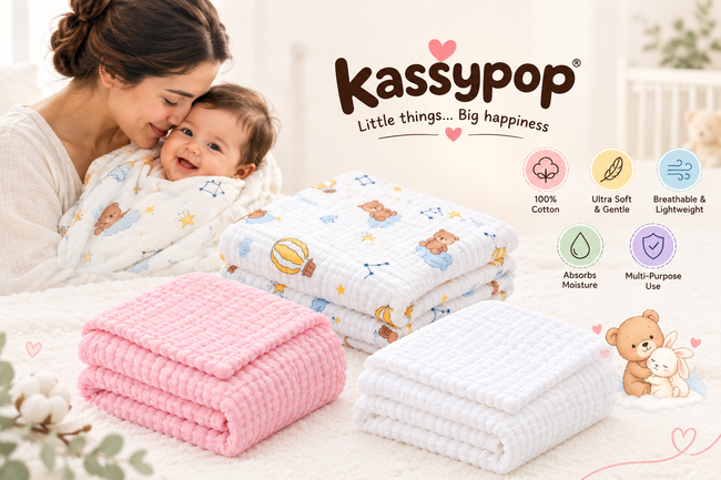 KASSY POP Kids Muslin Cotton Bath Towel, Blanket, Swaddle,105 X 105 cm - Pack of 3 (Pink, White and Moon)