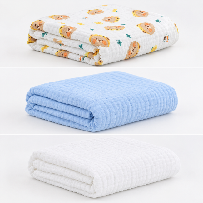 KASSY POP Kids Muslin Cotton Bath Towel, Blanket, Swaddle,105 X 105 cm - Pack of 3 (Blue, White and Bear)