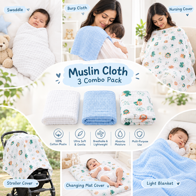 KASSY POP Kids Muslin Cotton Bath Towel, Blanket, Swaddle,105 X 105 cm - Pack of 3 (Blue, White and Animal Print)