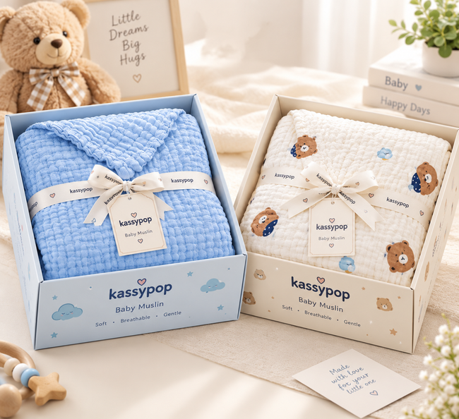 KASSY POP Kids Muslin Cotton Bath Towel, Blanket, Swaddle,105 X 105 cm - Pack of 2 (Blue and Teddy))