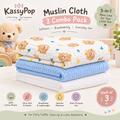 KASSY POP Kids Muslin Cotton Bath Towel, Blanket, Swaddle,105 X 105 cm - Pack of 3 (Blue, White and Bear)