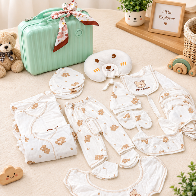 KASSY POP Newborn Baby Cotton 21pcs Clothing Set with Briefcase Pack - Brown