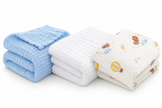 KASSY POP Kids Muslin Cotton Bath Towel, Blanket, Swaddle,105 X 105 cm - Pack of 3 (Blue, White and Moon)