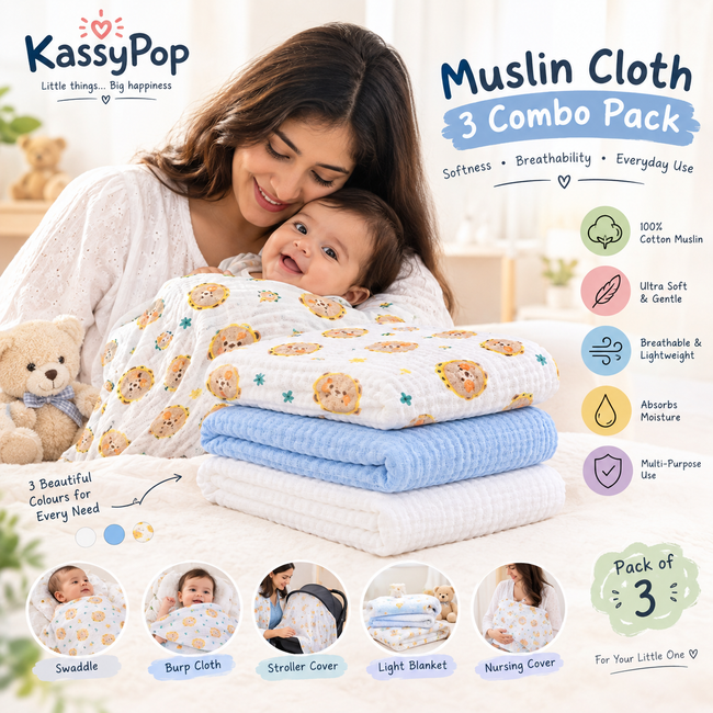 KASSY POP Kids Muslin Cotton Bath Towel, Blanket, Swaddle,105 X 105 cm - Pack of 3 (Blue, White and Bear)
