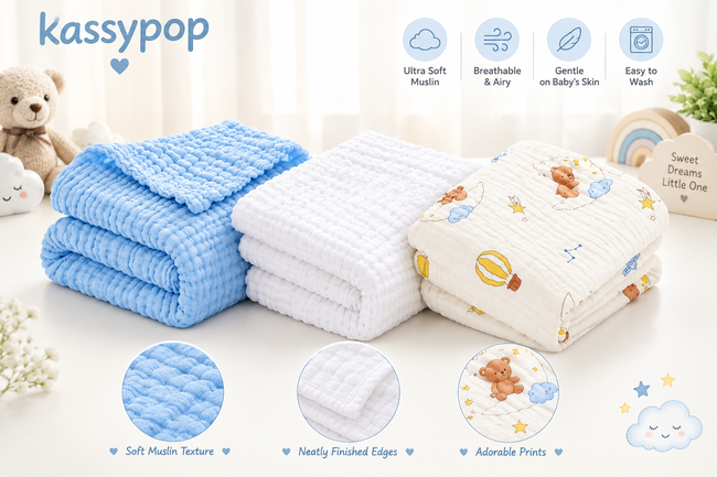 KASSY POP Kids Muslin Cotton Bath Towel, Blanket, Swaddle,105 X 105 cm - Pack of 3 (Blue, White and Moon)