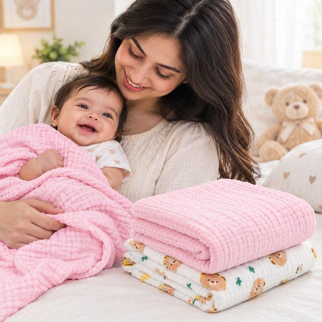 KASSY POP Kids Muslin Cotton Bath Towel, Blanket, Swaddle,105 X 105 cm - Pack of 2 (Pink and Bear)