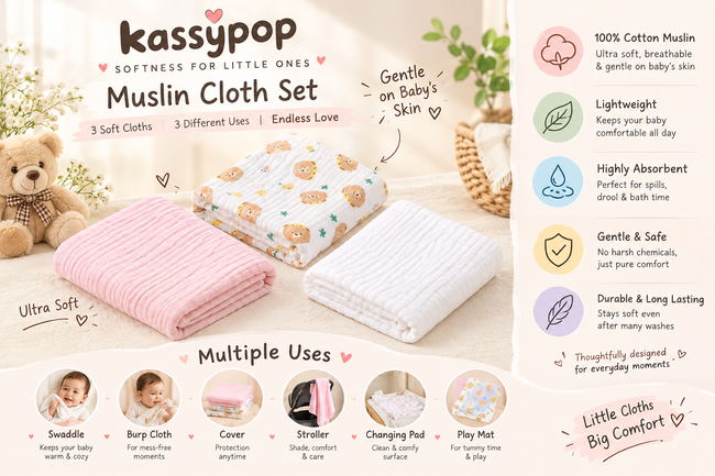 KASSY POP Kids Muslin Cotton Bath Towel, Blanket, Swaddle,105 X 105 cm - Pack of 3 (Pink, White and Bear)