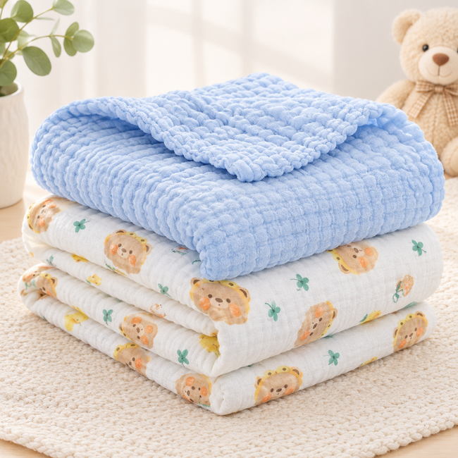 KASSY POP Kids Muslin Cotton Bath Towel, Blanket, Swaddle,105 X 105 cm - Pack of 2 (Blue and Bear)