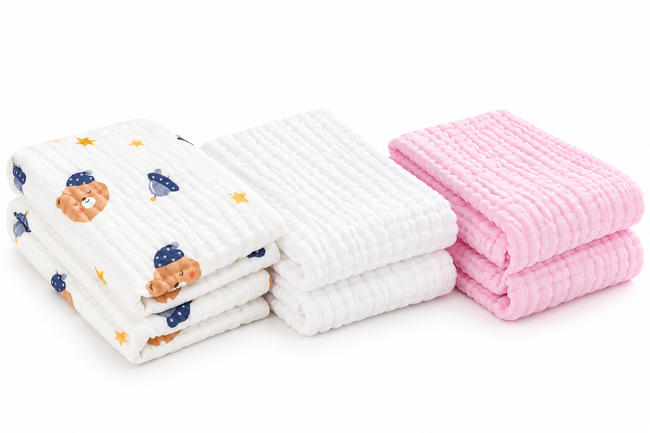 KASSY POP Kids Muslin Cotton Bath Towel, Blanket, Swaddle,105 X 105 cm - Pack of 3 (Pink, White and Teddy)