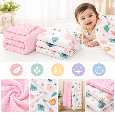 KASSY POP Kids Muslin Cotton Bath Towel, Blanket, Swaddle,105 X 105 cm - Pack of 2 (Pink and Forest)