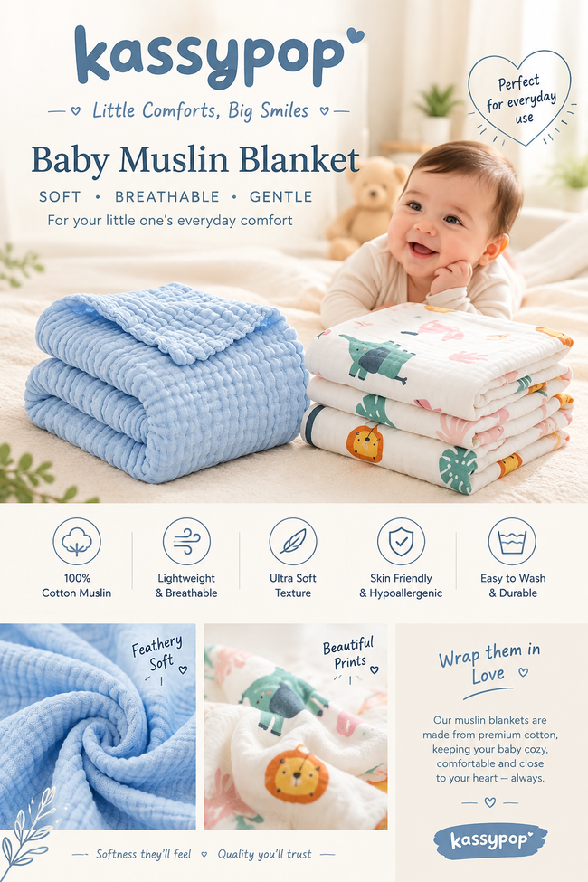 KASSY POP Kids Muslin Cotton Bath Towel, Blanket, Swaddle,105 X 105 cm - Pack of 2 (Blue and Forest)