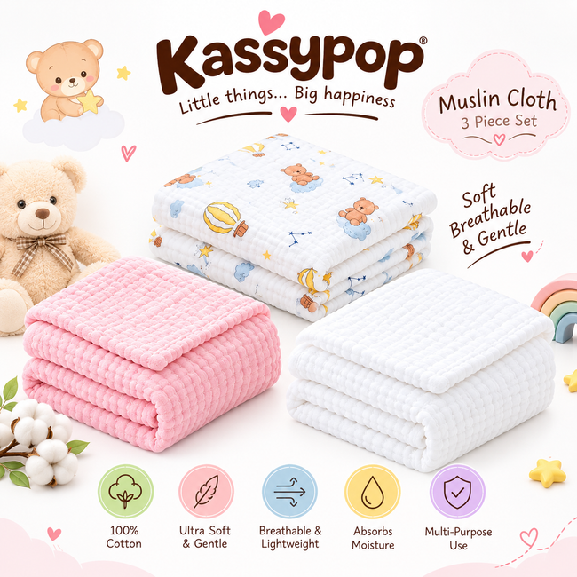 KASSY POP Kids Muslin Cotton Bath Towel, Blanket, Swaddle,105 X 105 cm - Pack of 3 (Pink, White and Moon)