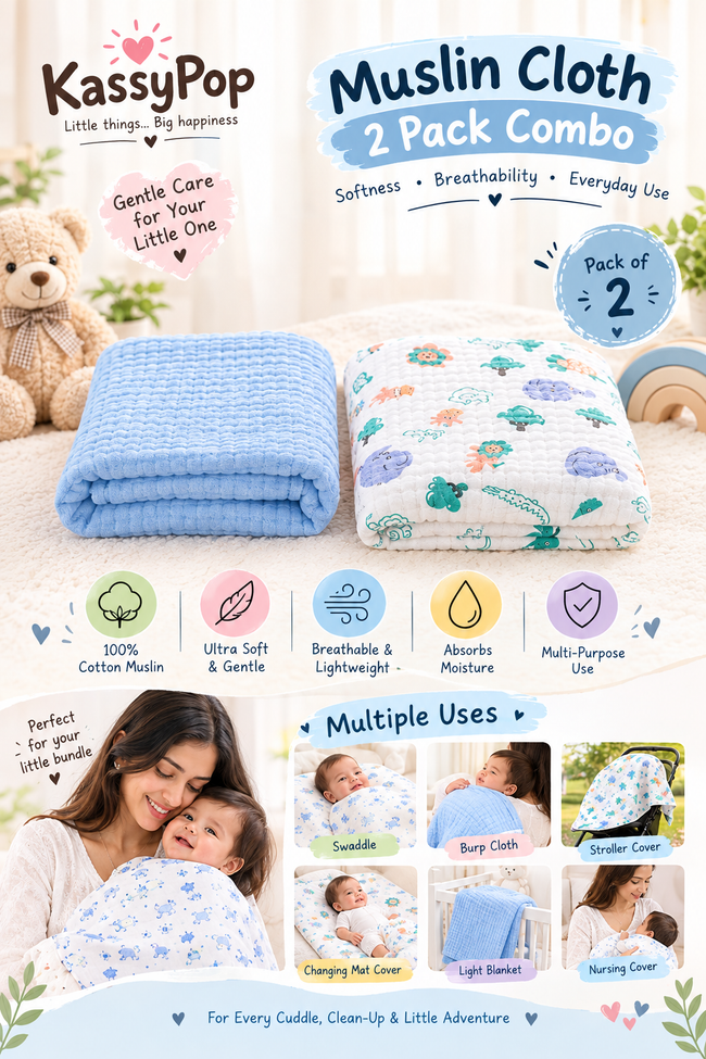 KASSY POP Kids Muslin Cotton Bath Towel, Blanket, Swaddle,105 X 105 cm - Pack of 2 (Blue and Animal Print)