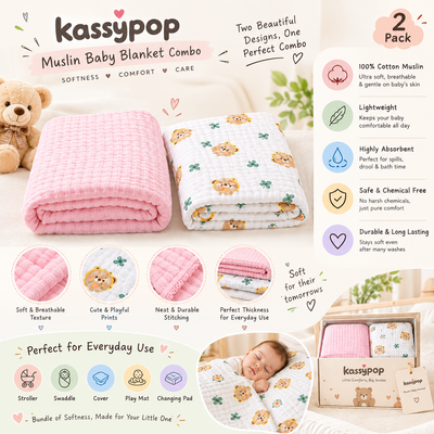 KASSY POP Kids Muslin Cotton Bath Towel, Blanket, Swaddle,105 X 105 cm - Pack of 2 (Pink and Bear)