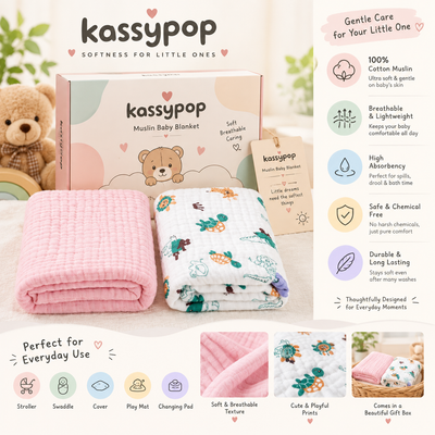 KASSY POP Kids Muslin Cotton Bath Towel, Blanket, Swaddle,105 X 105 cm - Pack of 2 (Pink and Animal Print)