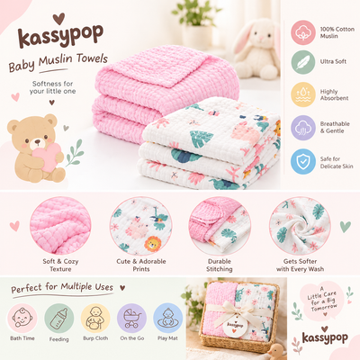 KASSY POP Kids Muslin Cotton Bath Towel, Blanket, Swaddle,105 X 105 cm - Pack of 2 (Pink and Forest)