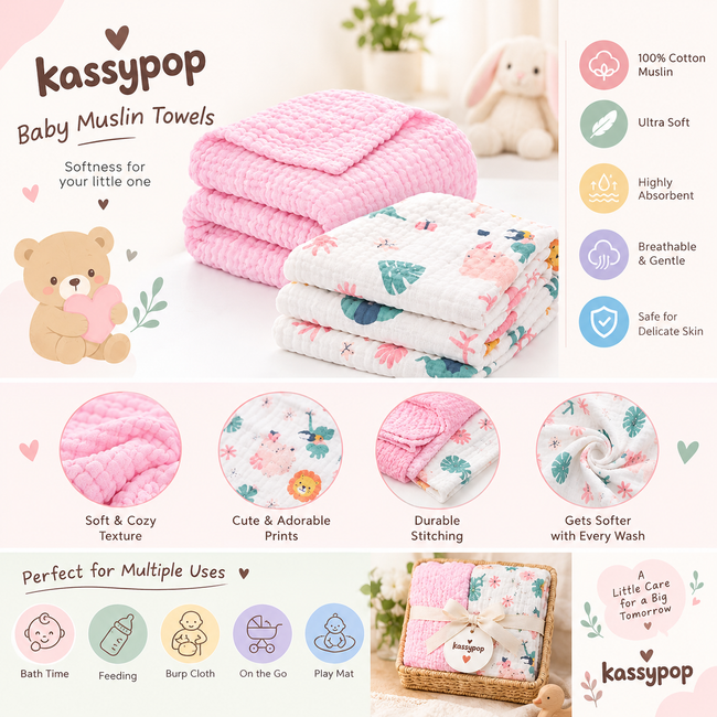 KASSY POP Kids Muslin Cotton Bath Towel, Blanket, Swaddle,105 X 105 cm - Pack of 2 (Pink and Forest)