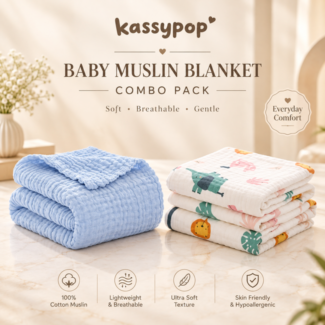 KASSY POP Kids Muslin Cotton Bath Towel, Blanket, Swaddle,105 X 105 cm - Pack of 2 (Blue and Forest)