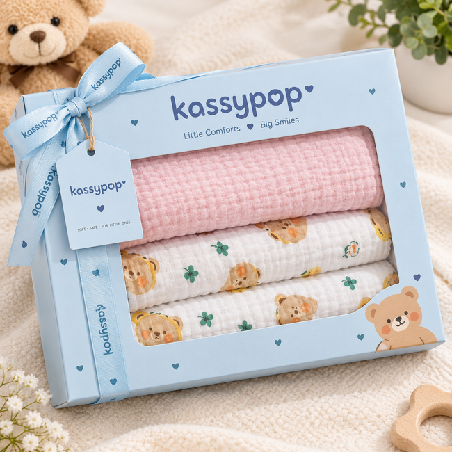 KASSY POP Kids Muslin Cotton Bath Towel, Blanket, Swaddle,105 X 105 cm - Pack of 2 (Pink and Bear)