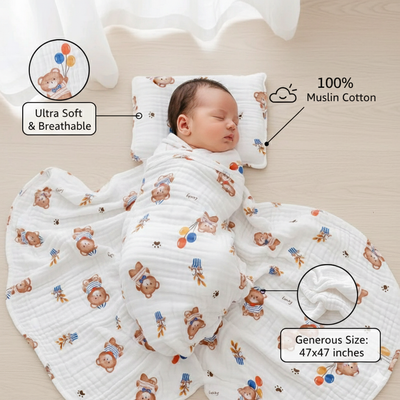 KASSY POP Kids Muslin Cotton Bath Towel, Blanket, Swaddle,105 X 105 cm -  Teddy Balloon