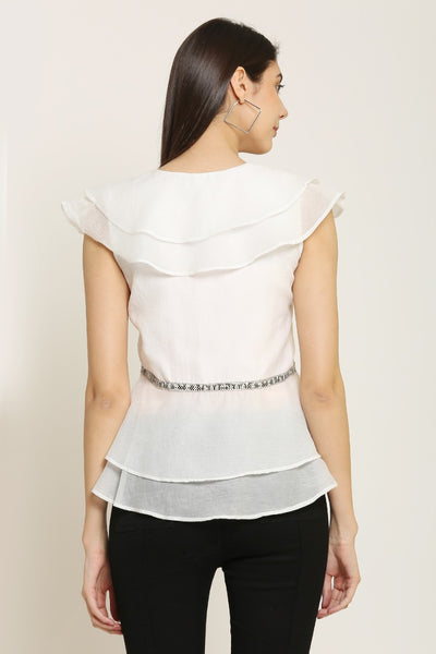 PINK SQUARE White Semi Sheer Embellished Peplum Style Ruffle Top