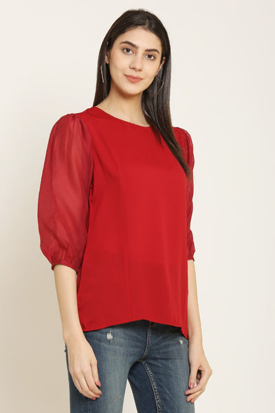 PINK SQUARE Red Regular Fit Casual Top with 3/4th Balloon Sleeves