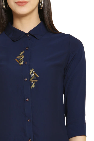 PINK SQUARE Navy Blue High-Low Style Embellished Party Wear Shirt Top with Collared Neck