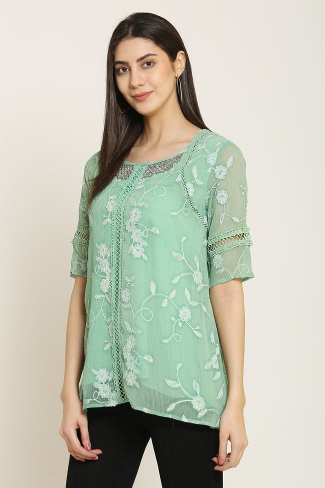 PINK SQUARE Light Green Embroidered Lace Chiffon Top with Lining and Sequin Neck Work