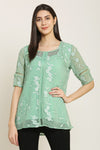 PINK SQUARE Light Green Embroidered Lace Chiffon Top with Lining and Sequin Neck Work