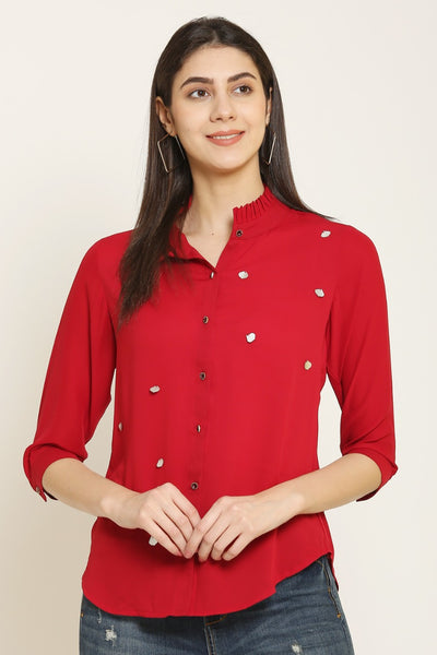 PINK SQUARE Red Ruffle Collar Neck Shirt Style Casual Top with 3/4 Sleeves