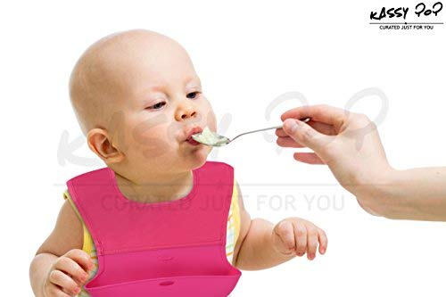 Waterproof Silicone Roll-up Baby Feeding Bibs with Crumb Catcher, Food Catching Pocket, Washable, Food Grade, BPA Free, Adjustable Neck Loop, Dark Pink