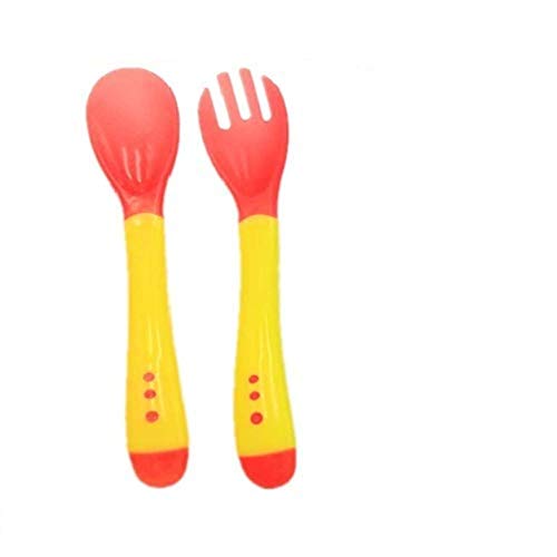 Kassy Pop Curated Just for You Baby Polypropylene Silicone Temperature Sensitive Spoon and Fork Set (Red-Yellow, 12 Months+)