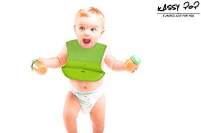 Waterproof Silicone Roll-up Baby Feeding Bibs with Crumb Catcher, Food Catching Pocket, Washable, Food Grade, BPA Free, Adjustable Neck Loop, Green