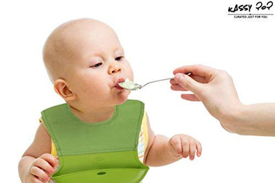 Waterproof Silicone Roll-up Baby Feeding Bibs with Crumb Catcher, Food Catching Pocket, Washable, Food Grade, BPA Free, Adjustable Neck Loop, Green