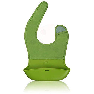 Waterproof Silicone Roll-up Baby Feeding Bibs with Crumb Catcher, Food Catching Pocket, Washable, Food Grade, BPA Free, Adjustable Neck Loop, Green