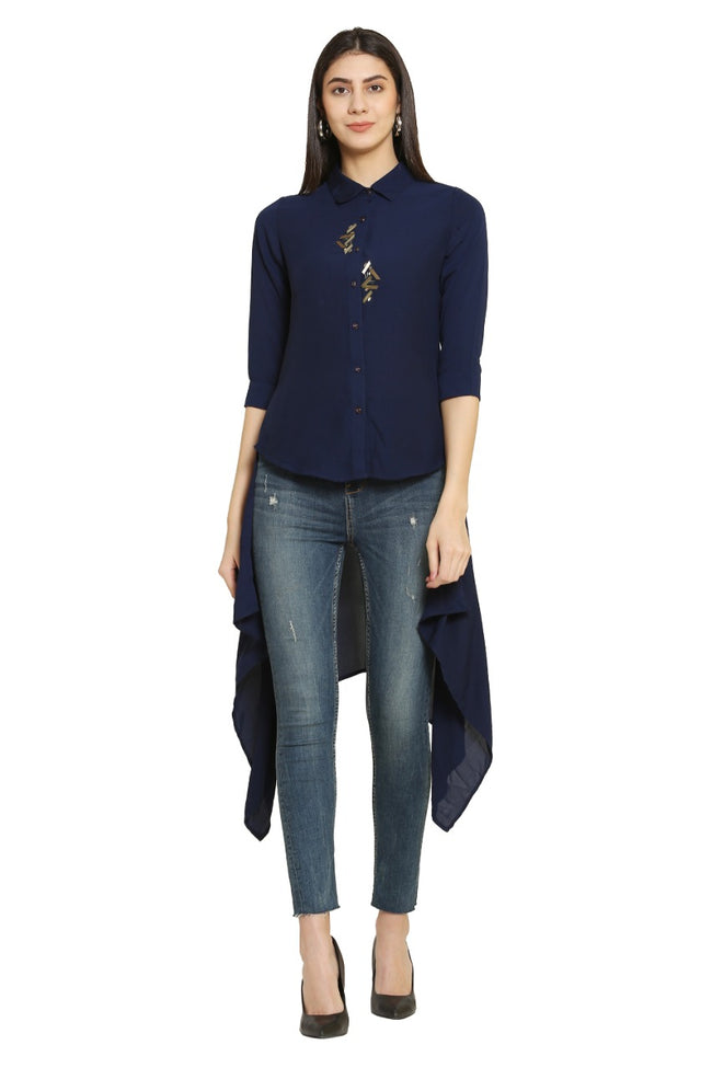 PINK SQUARE Navy Blue High-Low Style Embellished Party Wear Shirt Top with Collared Neck